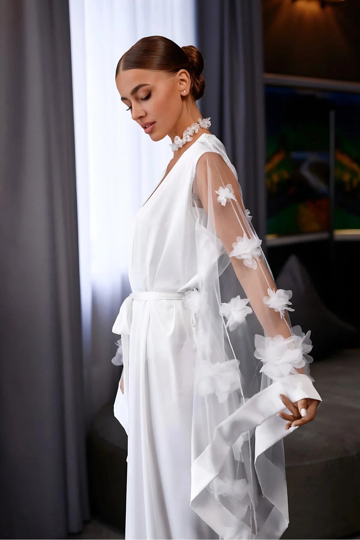 Saten Kolları Kelebek Detaylı Gelin Sabahlık