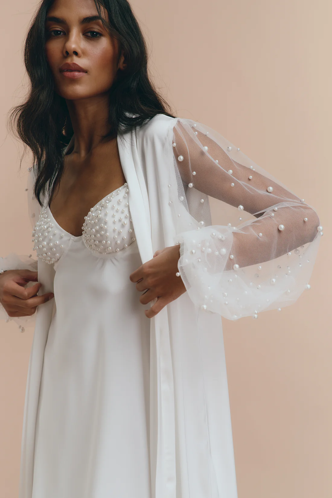 İpeksi Saten Kolları Inci Detaylı Uzun Gelin Sabahlık